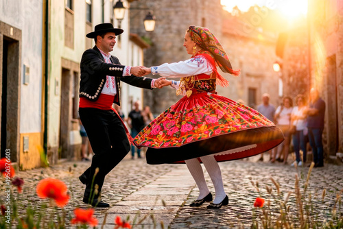 Couple dancing in traditional Portuguese folklore costumes on cobblestone street