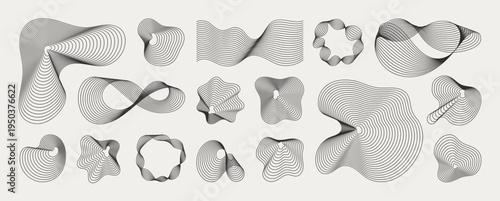 Abstract geometric line art vector set with freeform blob and contour line elements. Minimal black and white decorative shapes with wavy curves, dots, circles, and modern abstract forms for posters.