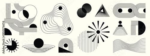 Abstract geometric line art vector set with freeform blob and contour line elements. Minimal black and white decorative shapes with wavy curves, dots, circles, and modern abstract forms for posters.