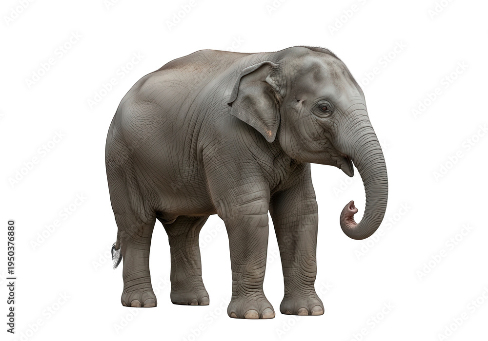 Fototapeta premium A gray elephant stands against a black background, showcasing its wrinkled skin and curved tusk.