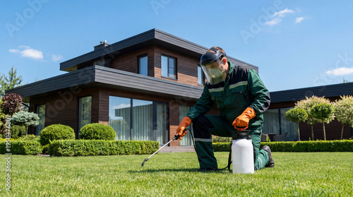Professional gardener spraying lawn with pesticide in front of a modern wooden house