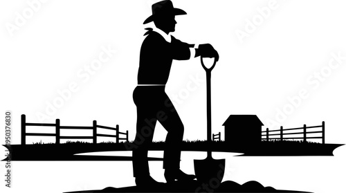 Cowboy leaning on shovel in ranch farm scene in black and white silhouette.