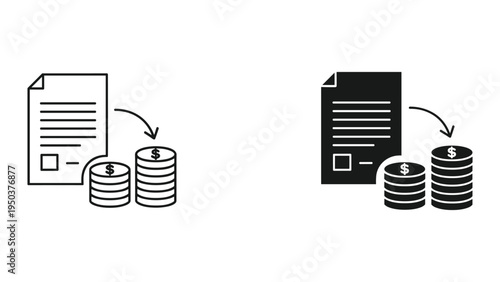 Financial Transaction Icon: Document to Coin Stack with Arrow, Line and Solid Icons