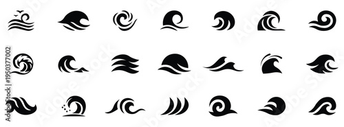 Mega set of waves icon. Simple black wave icon collection. Water wave icons. Abstract aqua, nautical oceanic surf, liquid flow simple graphics and more. Vector illustration. 