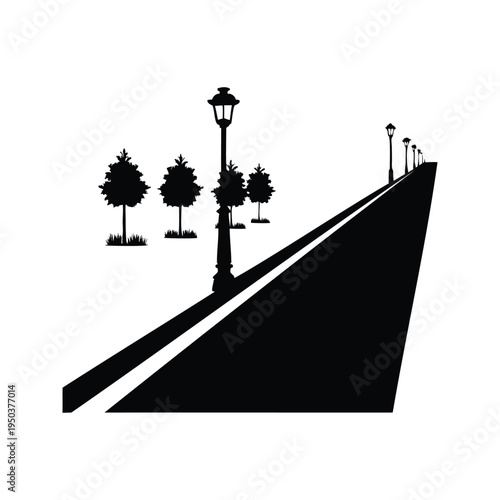 A steep hill with a street lamp and trees silhouette vector illustration,Black and white vector illustration of a steep hill with street lamps and trees