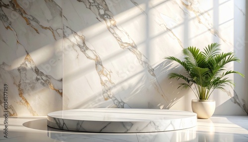 Elegant marble podium with a plant and sunlight for product display.