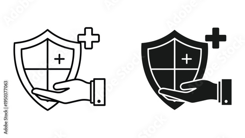 Shield with Medical Cross and Hand Icon. Protection, Healthcare, Safety, Security, Insurance, Trust, Support, Care, Well-being