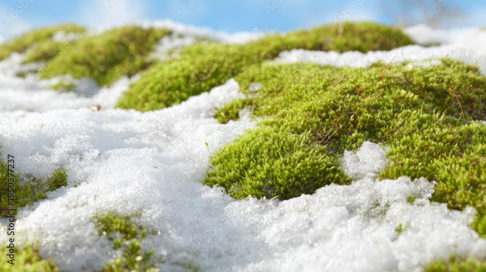 Obraz premium Green moss covered with melting snow. Seasonal transition from winter to spring. Close up of thawing ice on forest floor. Natural background showing climate change and nature revival.