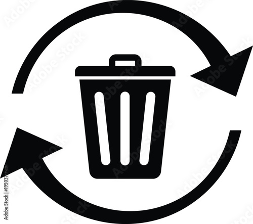 Black trash can with circular arrows indicating recycling or disposal recycle symbol