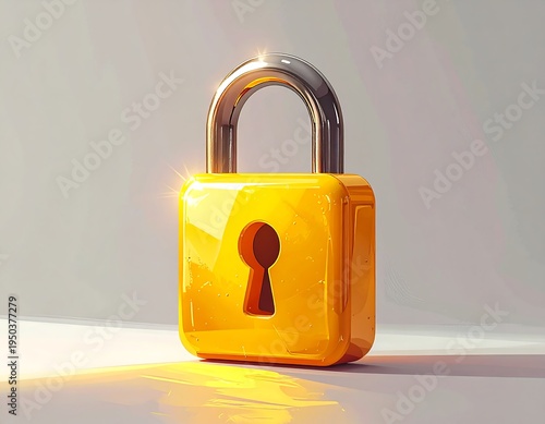 Shiny golden padlock isolated on a white surface, with gleam