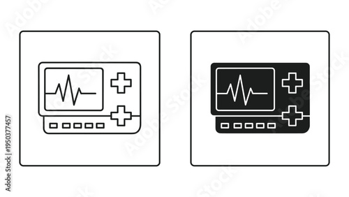 Medical monitor icon with ECG waveform, heart rate, and medical cross symbols - Line art and solid silhouette