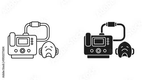 CPAP Machine with Sad Mask Icon, Line Art and Silhouette, Vector Illustration