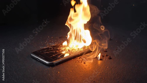 スマホから火山のように炎が噴き出すネット炎上のコンセプト写真