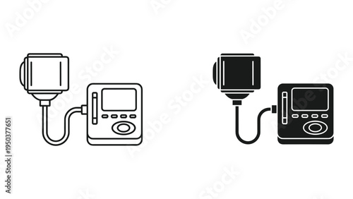 Infusion Pump and Syringe Icon Set: Line Art and Solid Black Style