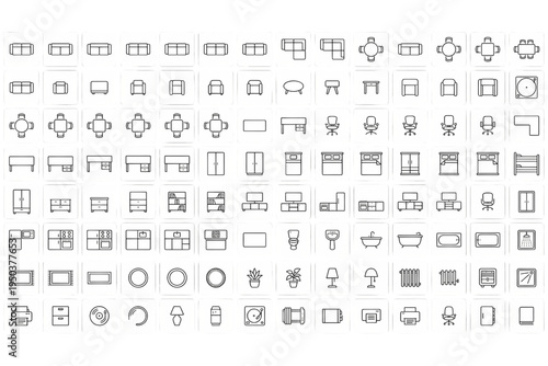 Home Furniture Line Icon Set – Sofa Chair Table Bed Kitchen Bathroom Interior Household Outline Vector Collection