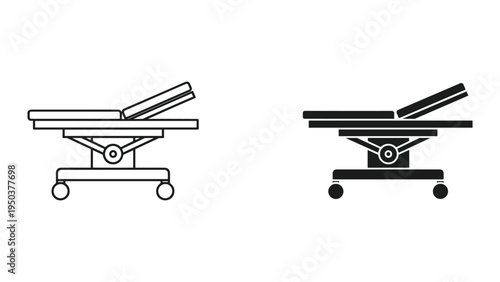Hospital Bed Stretcher Icons: Outline and Solid Black Versions on White Background