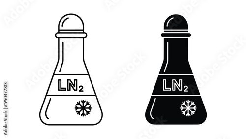 Liquid Nitrogen (LN2) Flask Icons: Black and White Outline and Solid Fill