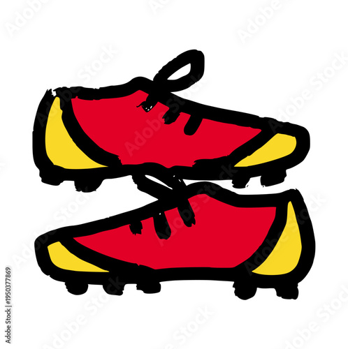Soccer cleats shoes, football boots, hand drawn, crayon wax, doodle element for sports, athletic gear, rough texture illustration