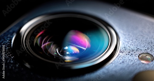 Close up of a smartphone camera lens capturing light and reflections
