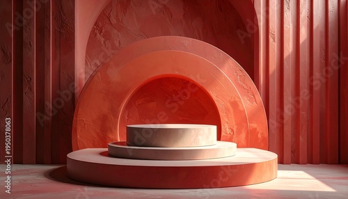 Elegant Red Stage with Circular Design for Product Display and Presentation.