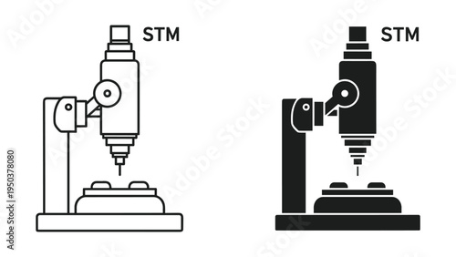 Scanning Tunneling Microscope (STM) Icon Set: Line Art and Solid Silhouette