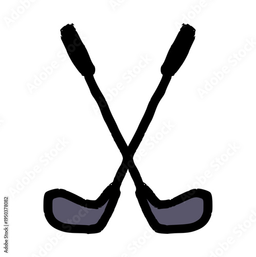 crossed golf clubs, hand drawn crayon style, rough wax texture doodle sports equipment for tournament, country club, or golfing concept