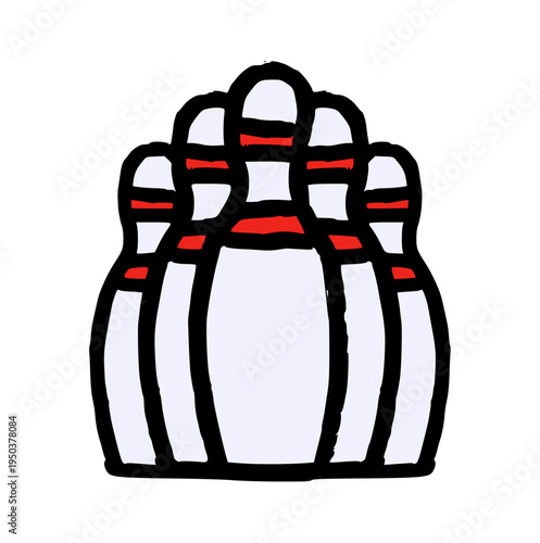 bowling pins set, hand drawn crayon style, rough wax texture doodle sports element for leisure, game night, or strike concept