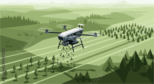 An advanced agricultural drone precisely disperses seeds over a meticulously cultivated green field with rows of growing plants and distant forests, symbolizing modern farming innovation and
