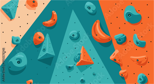 Vibrant indoor climbing wall with colorful holds and geometric patterns, illustrating an adventurous and challenging recreational activity.