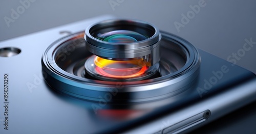 Close up of a mobile phone camera lens in a metallic housing