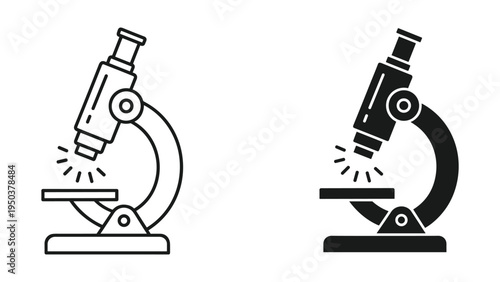 Microscope Icon Set: Black and White Line Art and Silhouette for Science, Research, and Education