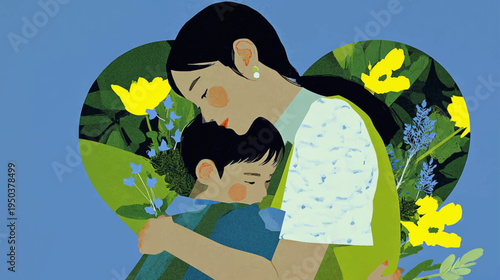 Tender Mother Embracing Child Inside Floral Heart Frame Celebrating Mother’s Day Love, Care, Family Bond and Emotional Warmth