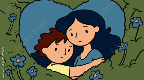 Emotional Mother and Child Embrace in Heart Shaped Meadow of Wildflowers Celebrating Mother’s Day Love and Family Bond