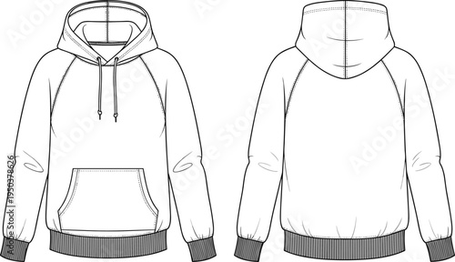 Technical fashion flat sketch of men raglan long sleeve hoodie featuring front kangaroo pocket drawstring hood ribbed cuffs and hem for streetwear.