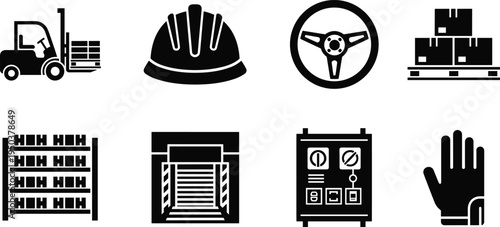 Black silhouette icon set for warehouse logistics including forklift loader safety helmet steering wheel cargo boxes pallet racking loading dock and glove.