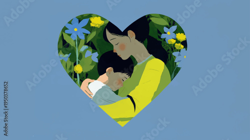 Tender Mother Embracing Child Inside Floral Heart Frame Celebrating Mother’s Day Love, Care, Family Bond and Emotional Warmth