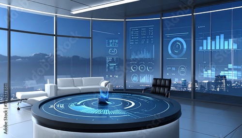 Futuristic Interior Design - A Modern Office Space with Advanced Technology and Panoramic Views.