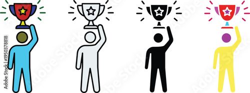 Four colorful stick figures holding trophies in celebration of success