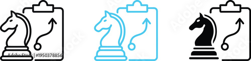 A set of clipboard icons with a knight chess piece and an arrow