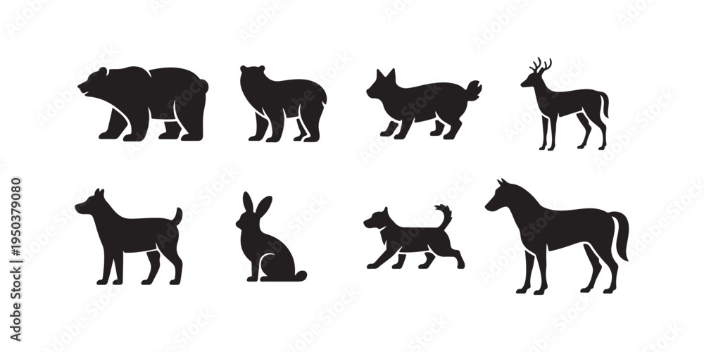 Obraz premium Wild animal vector set, bear, deer, dog, rabbit, horse silhouette isolated on white background