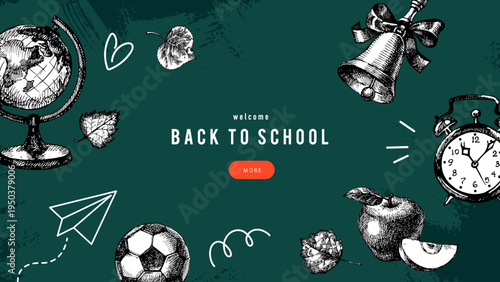 Back to school sketch collage banner. Education poster template with hand drawn accessories. Frame design. Vector vintage illustration