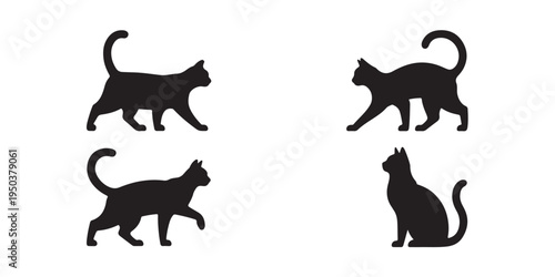 Black cat vector set, walking cat icon, standing cat silhouette, isolated on white background