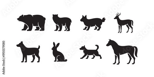 Wild animal vector set, bear, deer, dog, rabbit, horse silhouette isolated on white background