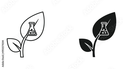 Biotechnology Icon: Flask with Bubbles on Plant Leaf, Line Art and Silhouette
