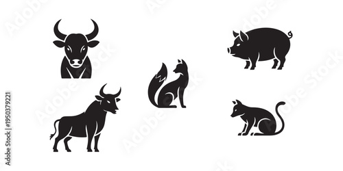 Set of animal silhouettes including bull pig fox cat and cow on white background vector
