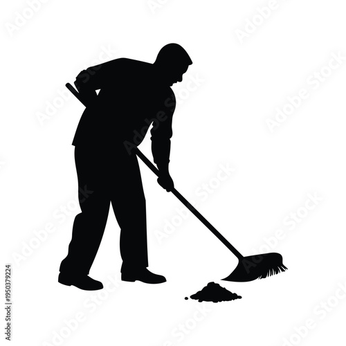 Man sweeping floor silhouette vector illustration,Black and white silhouette of a man sweeping the floor with a broom
