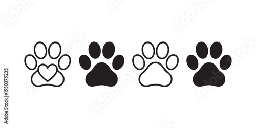 Set of paw prints icons and symbols including heart, black and white solid and outline
