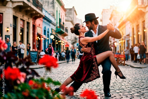 Couple dancing tango passionately on a cobblestone street