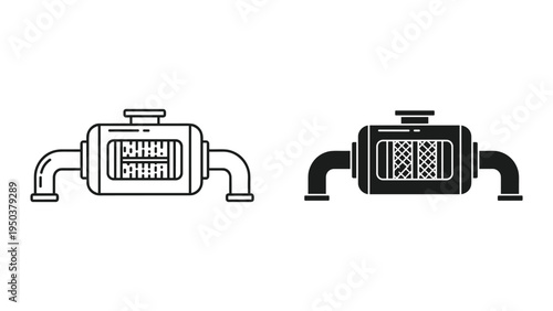 Car Muffler Icon Set, Exhaust System Component, Black and White Line Art Vector Illustration