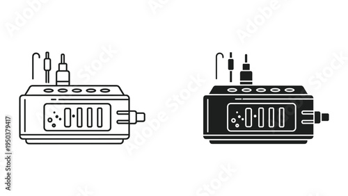 Tattoo Power Supply Unit Icons: Line Art and Silhouette, Digital Display and Needles